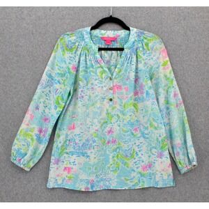 LILLY PULITZER Elsa Silk Blouse womens size XS What‎ A lovely Place Print